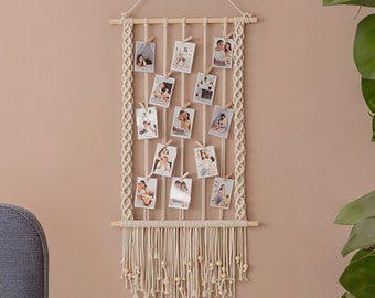 Macrame Photo Hanger, Personalized Gift, Photo Display, Living Room Decor, Picture Collage, Macrame Photo Holder, Neutral Wall Art H89