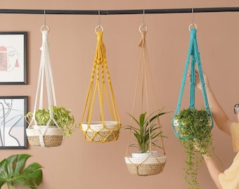 Macrame Plant Hanger, No Tassel Plant Holder, Boho Home Decor, Ceiling Planter, Minimalist Hanging Planter, Mothers Day Gift H14