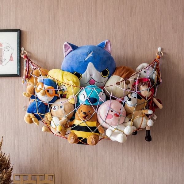 Squishmallow de rangement en macramé, jouet hamac, hamac pour animaux, rangement pour chambre d'enfants, rangement bohème, décoration de salle de jeux, rangement pour animaux en peluche H25