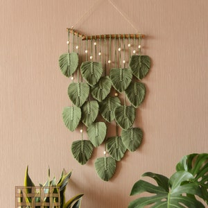 Green Leaves Macrame Wall Hanging, Macrame Feather Wall Decor, Scandinavian Decor, Wall Art, Plant Lover Gift, Grammy Gifts L02