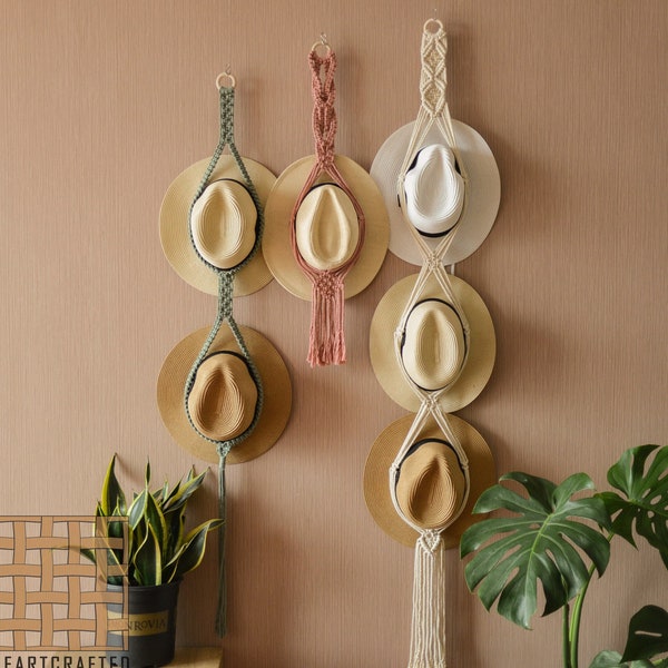 Macrame Hat Holder, Boho Hat Hanger, Hat Rack, Hat Storage, Hat Display, Hat Display, Farmhouse Decoration, Gift For Her H01