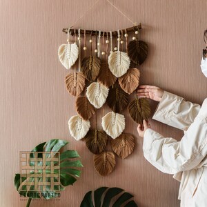 Earthy Tone Leaves Macrame Wall Hanging, Macrame Leaf Wall Decor, Living Room Wall Art, Boho Home Decor, Mom Gift From Kids L02