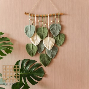 Macrame blad muur opknoping, macrame muur opknoping, groene muur kunst, Boho Home decor, nieuwe huis geschenken, decor van de boerderij, midden van de eeuw moderne L02