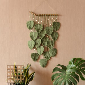 Green Leaves Macrame Wall Hanging, Macrame Feather Wall Decor, Scandinavian Decor, Wall Art, Boho Nursery Decor, Plant Mom Gift L02