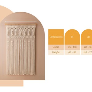 May include: A white macrame wall hanging with a geometric pattern and fringe. The hanging is 43 to 88 inches tall and 25 to 126 inches wide.