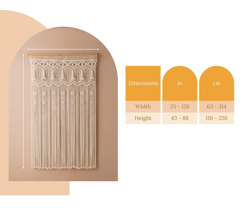 May include: A white macrame wall hanging with a geometric pattern and fringe. The hanging is 43 to 88 inches tall and 25 to 126 inches wide.
