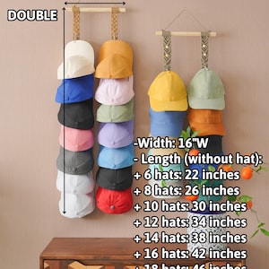 May include: A double hat rack with multiple baseball caps in various colors. The rack is made of wood and macrame, with the text "NO HAT INCLUDED" at the top. The width is 16 inches. Length varies from 22 to 50 inches depending on the number of hats.