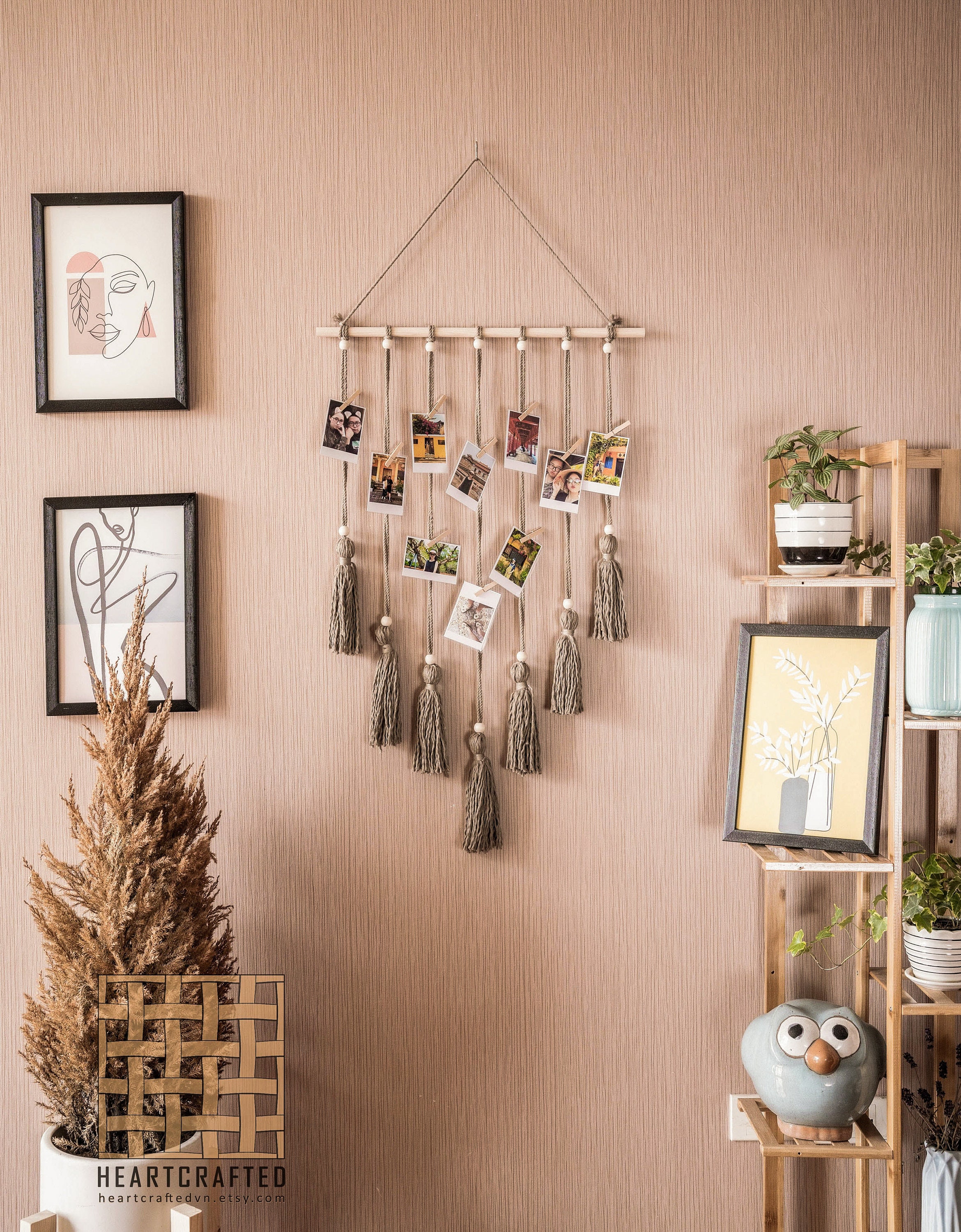 Macramé wandtapijt, hangende fotowand, boho-decoratie, chic, geweven Macramé wandtapijt, hangende fotowand, boho-decoratie, chic, geweven