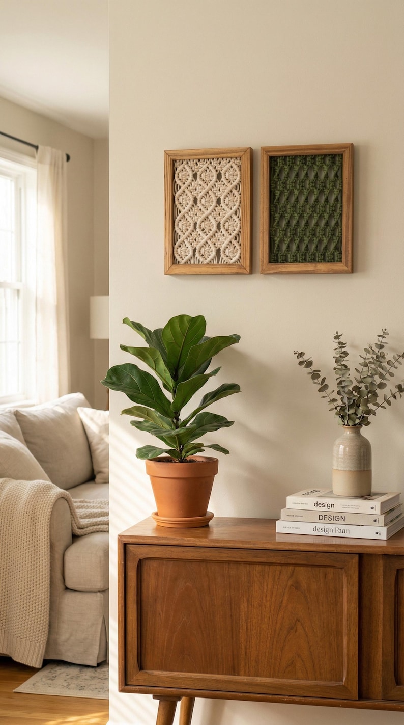 Pu&ograve; includere: Scena di soggiorno con un mobile in legno con una pianta in vaso e oggetti decorativi. Due decorazioni murali incorniciate con disegni strutturati sono sopra il mobile. Un divano con una coperta &egrave; visibile sullo sfondo.