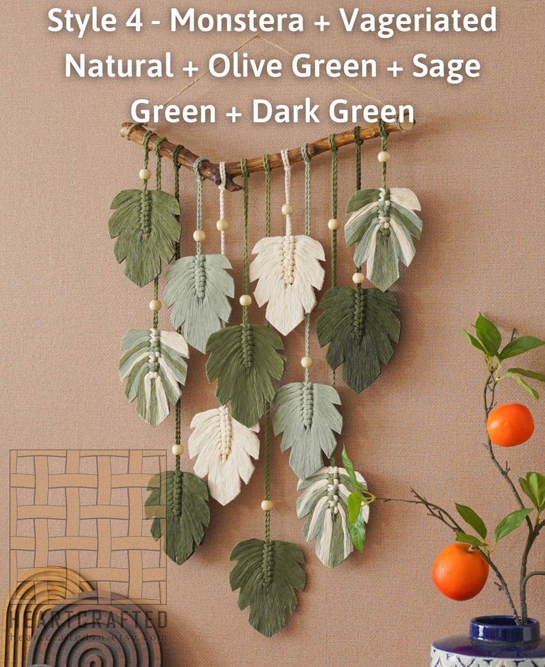 Macrame Leaf Wall Hanging, Macrame Wall Hanging, Green Wall Art, Boho Home Decor, New Home Gifts, Farmhouse Decor, Mid-Century Modern L02 image 9