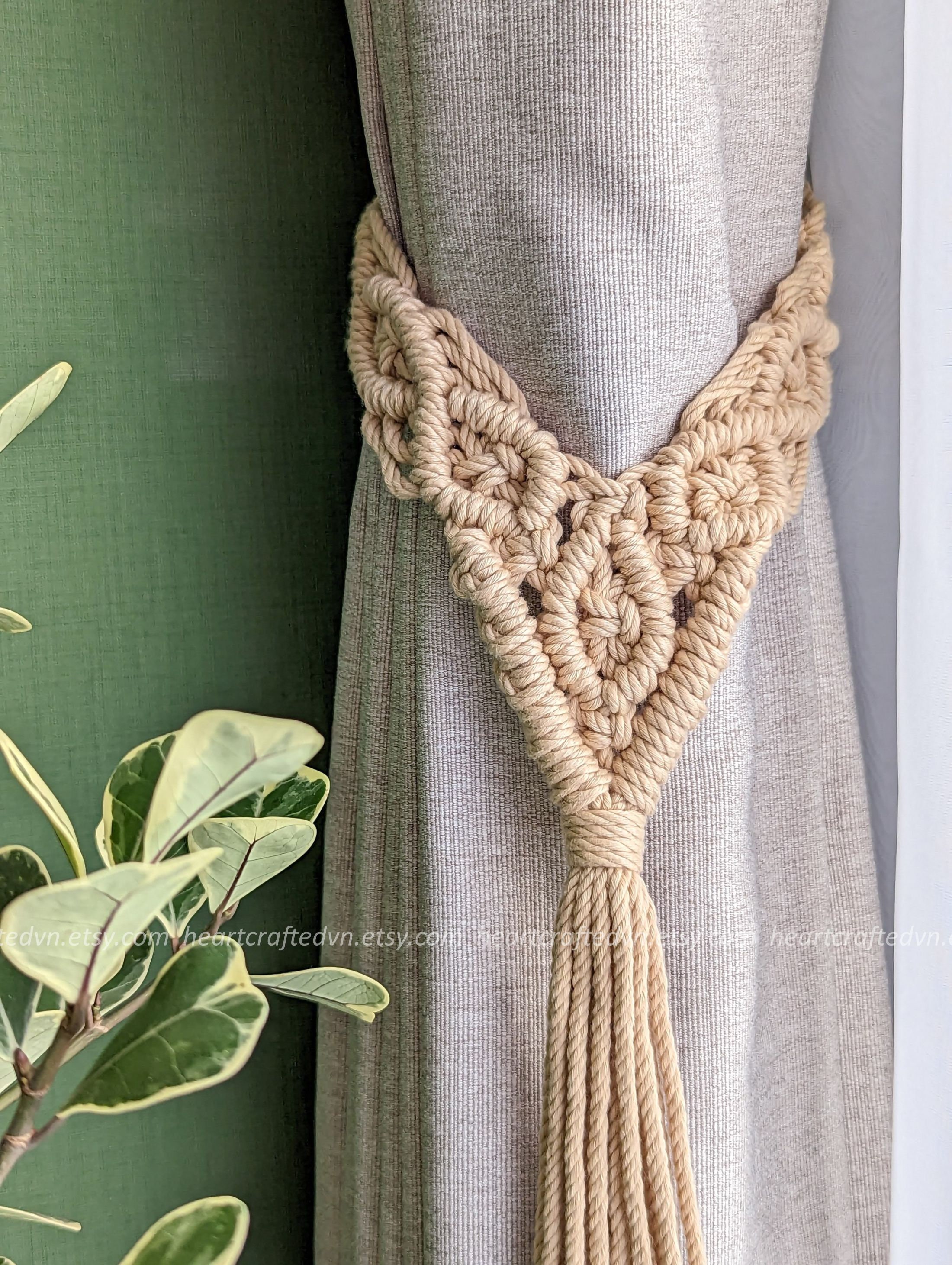 Fermatenda Bohémien Fatte A Mano Con Foglia E Nappe – 2 Pezzi Beige In Corda Di Cotone Per Casa E Ufficio - 4