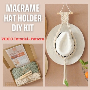 May include: DIY macrame hat holder kit with two spools of rope, wooden dowel, and instructions. The kit includes a video tutorial and pattern. The finished hat holder is shown with a straw hat.