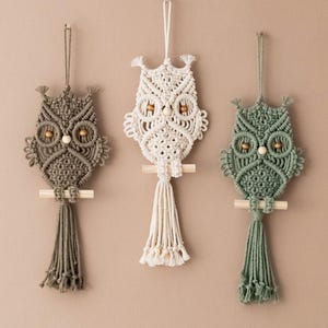 Peut inclure: Trois décorations murales en macramé en forme de hibou avec des chevilles en bois et des glands. Les hiboux sont dans des tons de vert, marron et blanc.