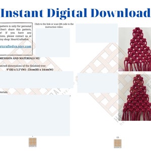 K&ouml;nnte beinhalten: Ein digitales Download-Muster f&uuml;r einen roten Makramee-Weihnachtsbaum. Das Muster enth&auml;lt Anweisungen zum Erstellen eines Baumes, der 23 cm hoch und 14 cm breit ist. Das Muster ist auf Etsy zum Kauf erh&auml;ltlich.