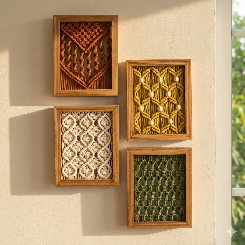 Pu&ograve; includere: Quattro arazzi da parete in macram&egrave; incorniciati in vari colori: ruggine, giallo, crema e verde oliva. Ogni pezzo presenta un motivo intrecciato unico all'interno di una cornice in legno naturale. L'arte murale &egrave; esposta su una parete di colore neutro.