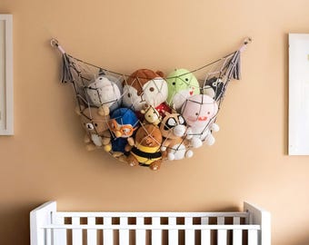 Macrame Toy Storage Hammock Hanging Net for Plushies H25