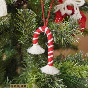 May include: A red and white candy cane ornament with white tassels hanging on a green Christmas tree.