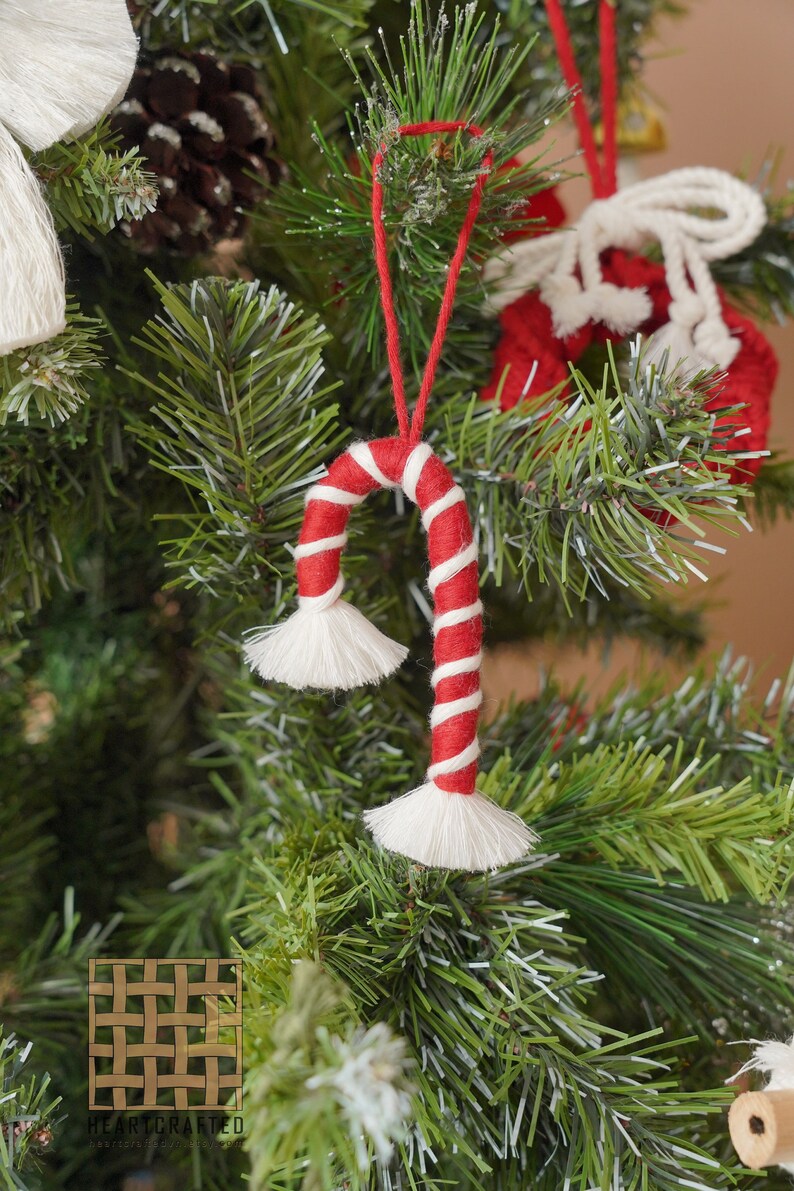 May include: A red and white candy cane ornament with white tassels hanging on a green Christmas tree.
