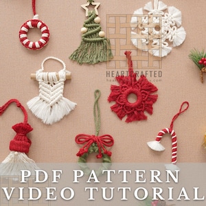 May include: A collection of handmade macrame Christmas ornaments, including a candy cane, a wreath, a tree, a snowflake, and a gnome. The ornaments are made with white and red yarn and are hanging from a brown background.