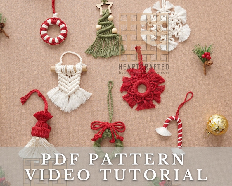 May include: A collection of handmade macrame Christmas ornaments, including a candy cane, a wreath, a tree, a snowflake, and a gnome. The ornaments are made with white and red yarn and are hanging from a beige background.