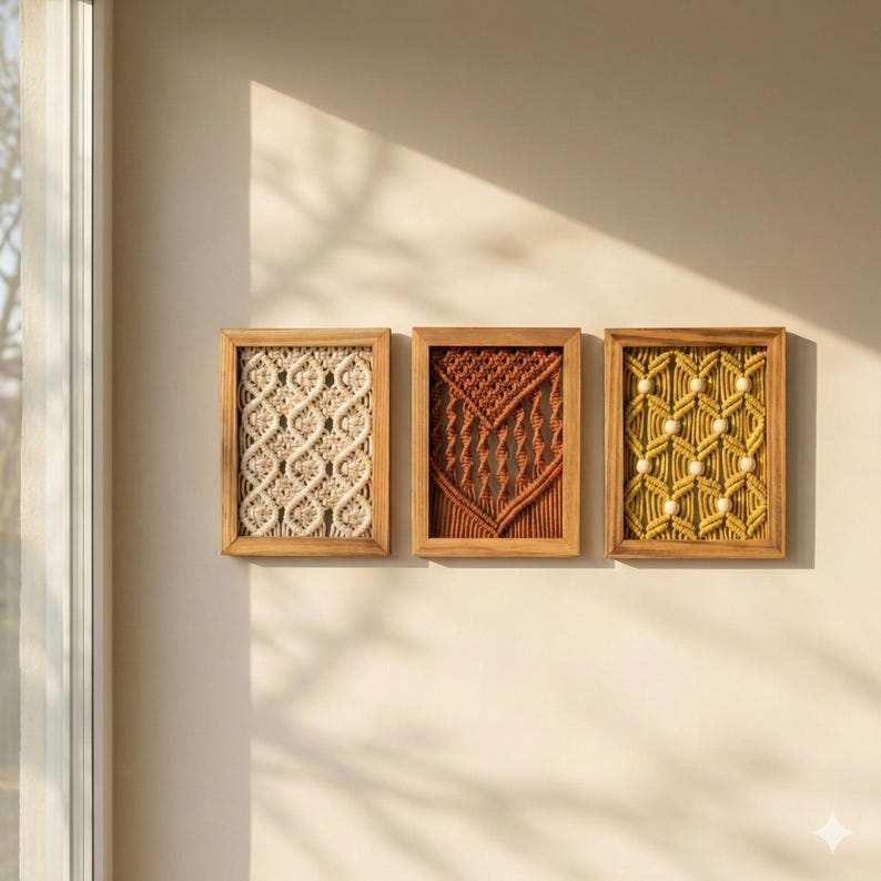 Pu&ograve; includere: Tre arazzi da parete in macram&egrave; incorniciati. Il primo presenta un design color crema, il secondo un design ruggine e il terzo un design giallo con perline bianche. Tutti sono in cornici di legno marrone chiaro, esposti su una parete beige.
