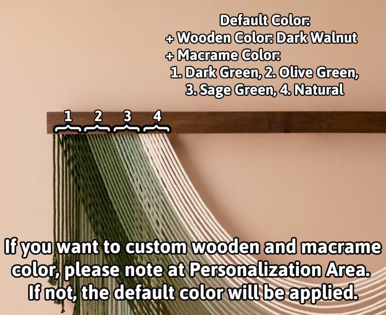 May include: A wooden wall hanging with four strands of macrame cord in shades of green and natural white. The wood is dark walnut. The macrame cord is labeled 1. Dark Green, 2. Olive Green, 3. Sage Green, 4. Natural.