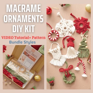 May include: A DIY macrame ornament kit featuring a range of Christmas-themed designs, such as a snowflake, a tree, a wreath, and a candy cane. The kit contains yarn, beads, and instructions. The box reads "VIDEO Tutorial + Pattern Bundle Styles".