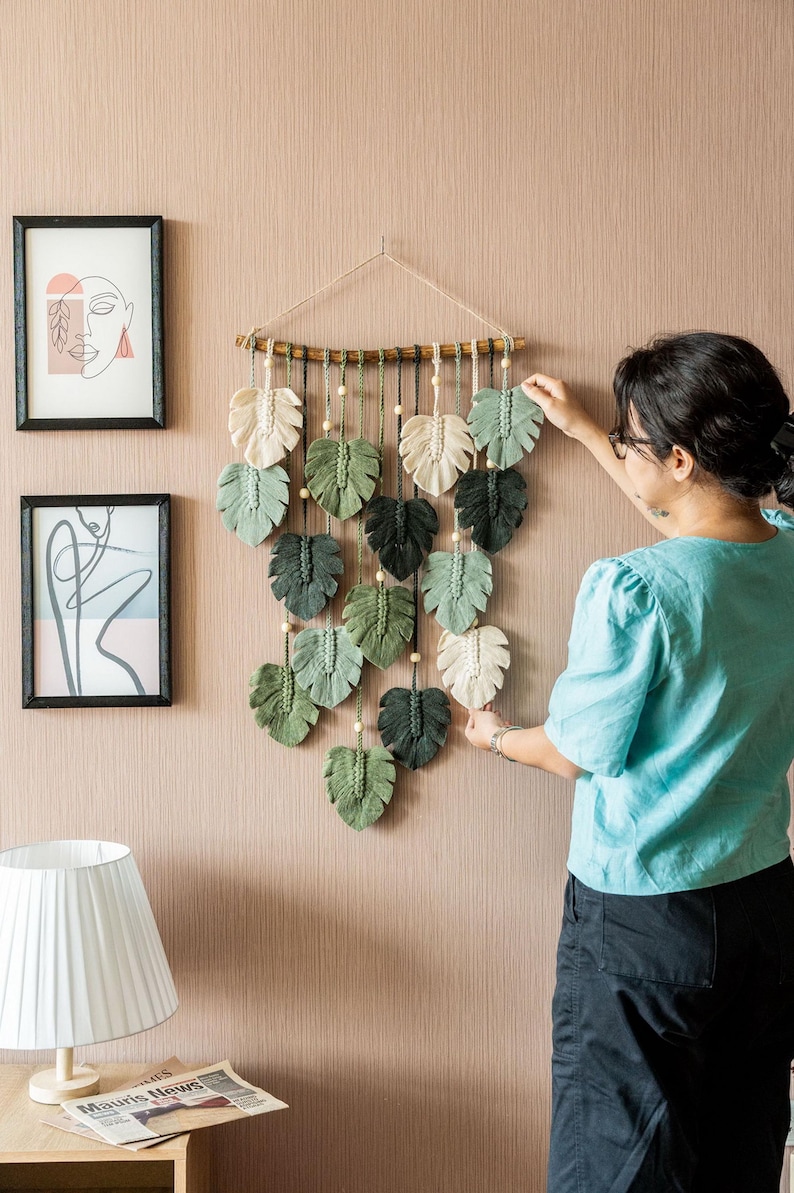 Macrame Leaf Wall Hanging, Macrame Wall Hanging, Green Wall Art, Boho Home Decor, Handmade Gifts, Farmhouse Decor, Mid-Century Modern L47 image 8