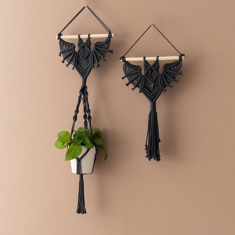 May include: Two black macrame plant hangers shaped like bats with red bead eyes. One hanger is holding a small green plant in a white pot.