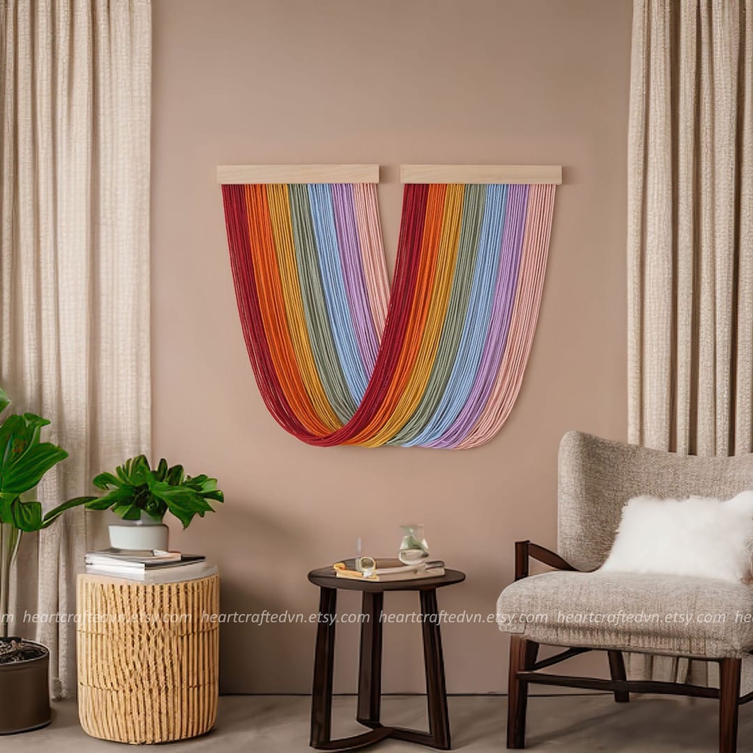 Rainbow Yarn Decor, Boho Wall Decor, Midcentury Modern, Housewarming