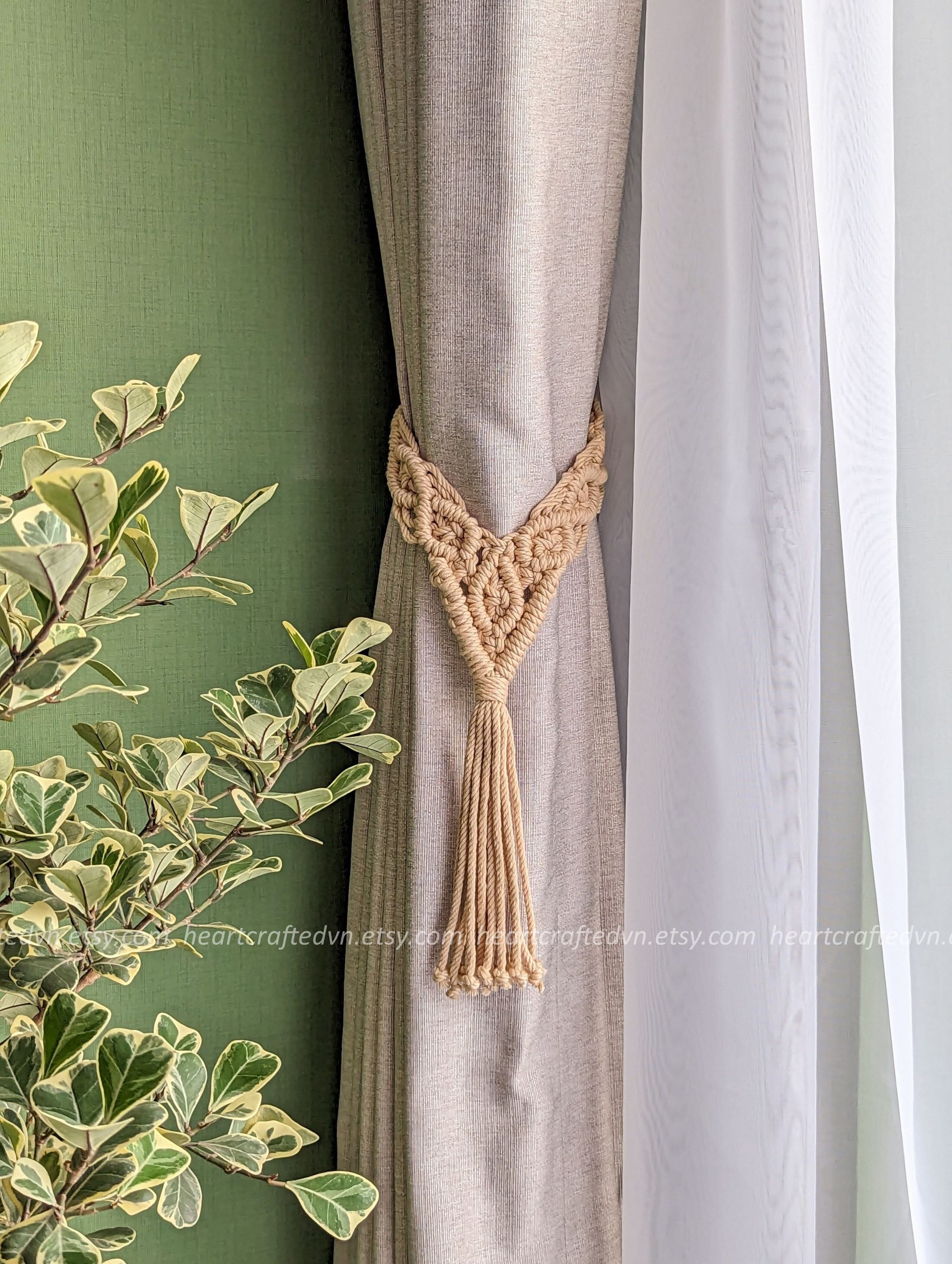 Fermatenda Bohémien Fatte A Mano Con Foglia E Nappe – 2 Pezzi Beige In Corda Di Cotone Per Casa E Ufficio - 3
