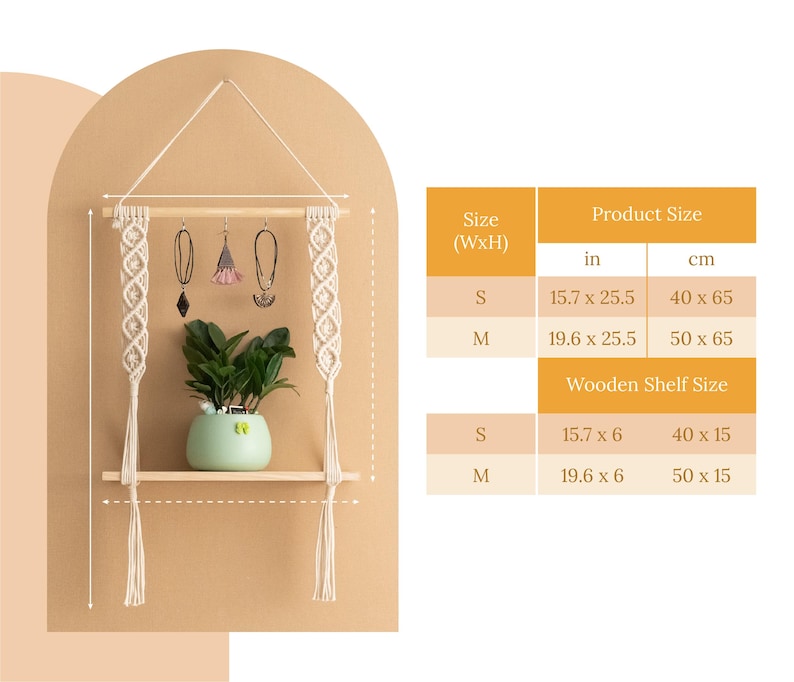 May include: A macrame wall hanging with a wooden shelf and two sizes of hanging jewellery organisers. The shelf is 15.7 inches wide by 6 inches deep, or 40 cm wide by 15 cm deep. The larger organiser is 19.6 inches wide by 25.5 inches high, or 50 cm wide by 65 cm high. The smaller organiser is 15.7 inches wide by 25.5 inches high, or 40 cm wide by 65 cm high.