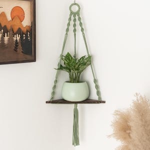 May include: A macrame plant hanger with a wooden shelf and a green potted plant. The hanger is made of green cord and has a tassel at the bottom.