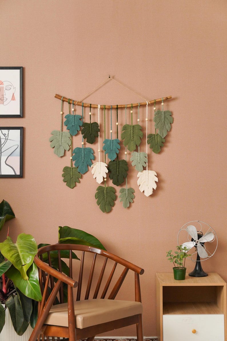 Macrame Leaf Wall Hanging, Macrame Wall Hanging, Green Wall Art, Boho Home Decor, Handmade Gifts, Farmhouse Decor, Mid-Century Modern L47 image 6