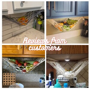May include: Four images showing a white cotton rope hammock hanging from a kitchen cabinet and filled with fruit. The hammock is a great way to store fruit in a kitchen.