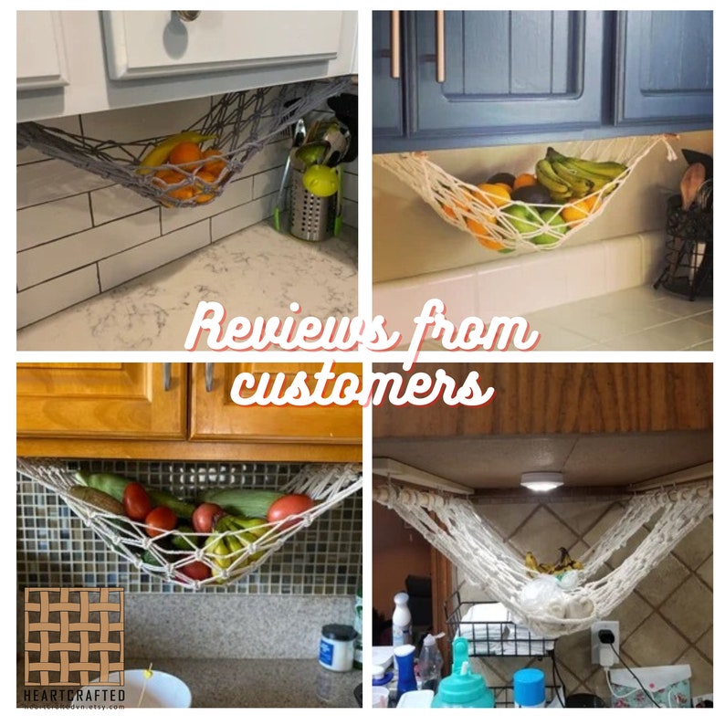 May include: Four images showing a white cotton rope hammock hanging from a kitchen cabinet and filled with fruit. The hammock is a great way to store fruit in a kitchen.