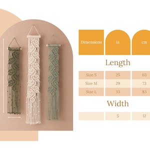 May include: Three macrame wall hangings in different sizes and colors. The hangings are made with white and green yarn and feature a leaf pattern. The hangings are shown against a light brown background. The image includes a table with the dimensions of each hanging in inches and centimeters.
