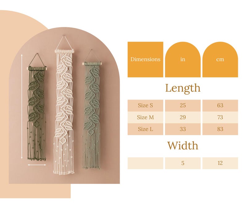 May include: Three macrame wall hangings in different sizes and colors. The hangings are made with white and green yarn and feature a leaf pattern. The hangings are shown against a light brown background. The image includes a table with the dimensions of each hanging in inches and centimeters.