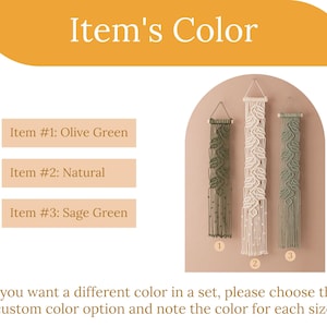 May include: Three macrame wall hangings featuring a leaf-like pattern suspended from wooden dowels. Item #1 is olive green, item #2 is natural, and item #3 is sage green. The text reads Item's Color, Item #1: Olive Green, Item #2: Natural, Item #3: Sage Green.