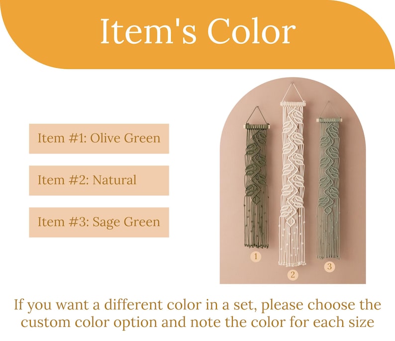 May include: Three macrame wall hangings featuring a leaf-like pattern suspended from wooden dowels. Item #1 is olive green, item #2 is natural, and item #3 is sage green. The text reads Item's Color, Item #1: Olive Green, Item #2: Natural, Item #3: Sage Green.