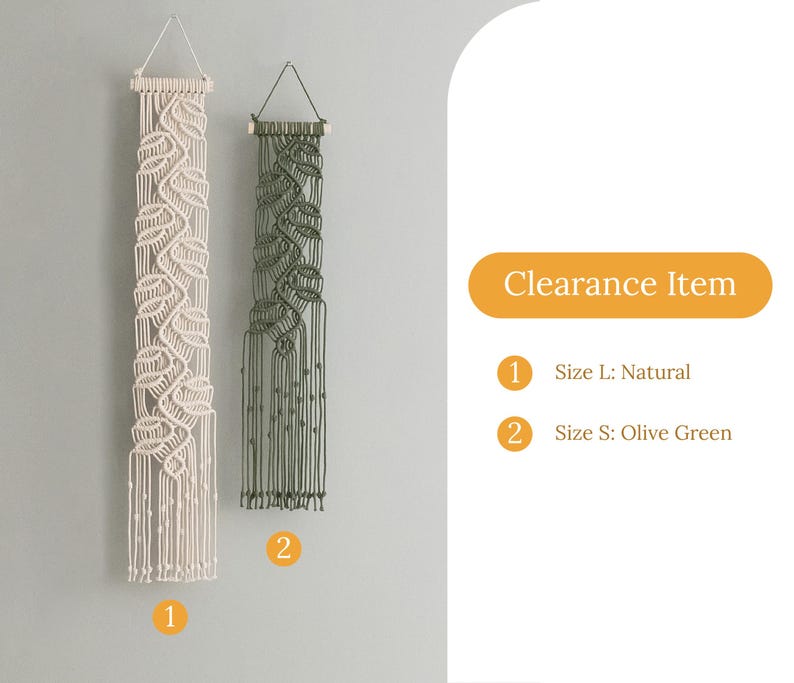 May include: Two macrame wall hangings with intricate knotted patterns. The larger piece is natural off-white, and the smaller piece is olive green. Both feature a wooden dowel at the top with a hanging cord. Text reads: Clearance Item, 1 Size L: Natural, 2 Size S: Olive Green.