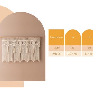 May include: A beige macrame wall hanging with a wooden dowel. The design features intricate knotting patterns, tassels, and a scalloped bottom edge. Height is 23 inches (60 cm), width ranges from 20 to 100 inches (51-254 cm).