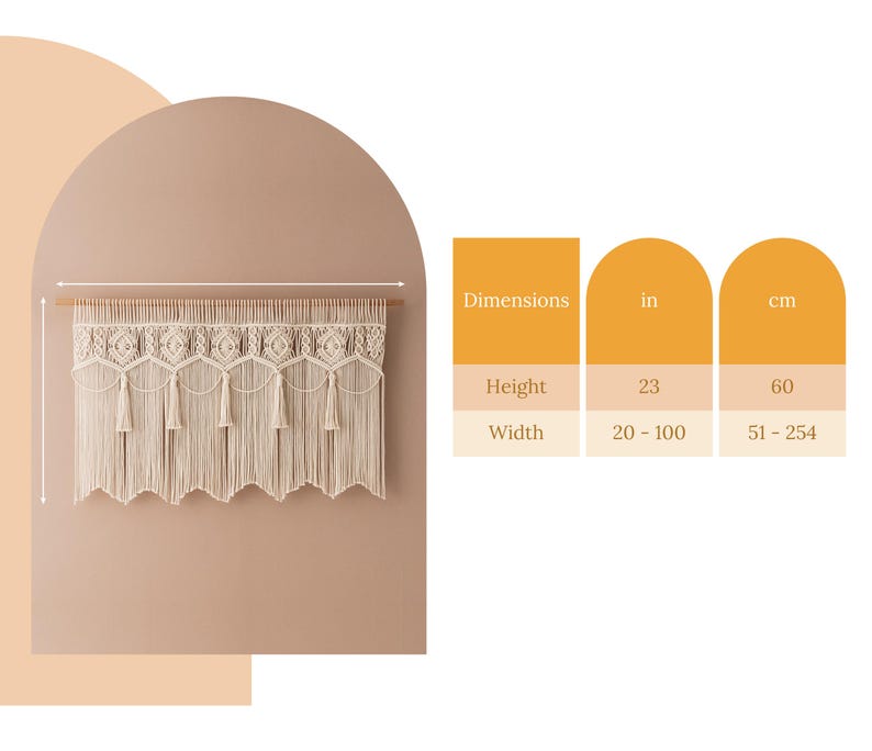 May include: A beige macrame wall hanging with a wooden dowel. The design features intricate knotting patterns, tassels, and a scalloped bottom edge. Height is 23 inches (60 cm), width ranges from 20 to 100 inches (51-254 cm).