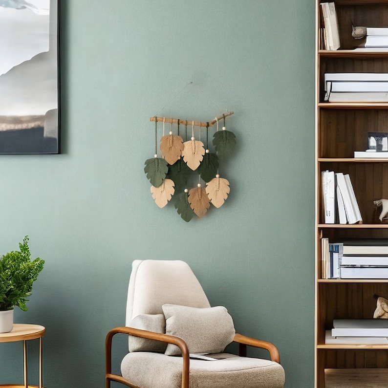 Macrame Leaf Wall Hanging, Macrame Wall Hanging, Green Wall Art, Boho Home Decor, Handmade Gifts, Farmhouse Decor, Mid-Century Modern L47 image 9