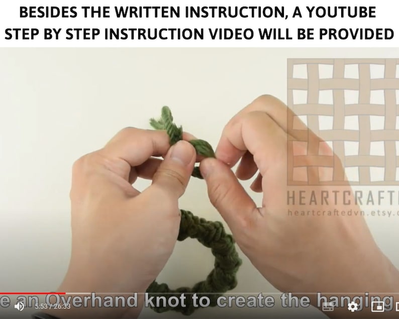 May include: Close-up of a hand tying an overhand knot in a green rope. The text "HEARTCRAFTI heartcraftedvn.etsy.c" is visible in the background.