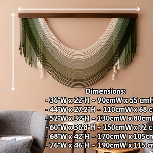May include: A large wall hanging made of yarn in shades of green and white. The hanging is in the shape of a half-circle and is attached to a wooden dowel. Dimensions: 36"W x 22"H - 90cmW x 55 cmH, 44"W x 27.2"H - 110cmW x 68 cmH, 52"W x 32"H - 130cmW x 80cmH, 60"W x 36.8"H - 150cmW x 92 cmH, 68"W x 42"H - 170cmW x 105cmH, 76"W x 46"H - 190cmW x 115 cmH.