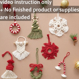 May include: A collection of nine handmade Christmas ornaments made with macrame. The ornaments include a wreath, a snowflake, a candy cane, a tree, a gnome, and a star. The ornaments are all white, red, and green.
