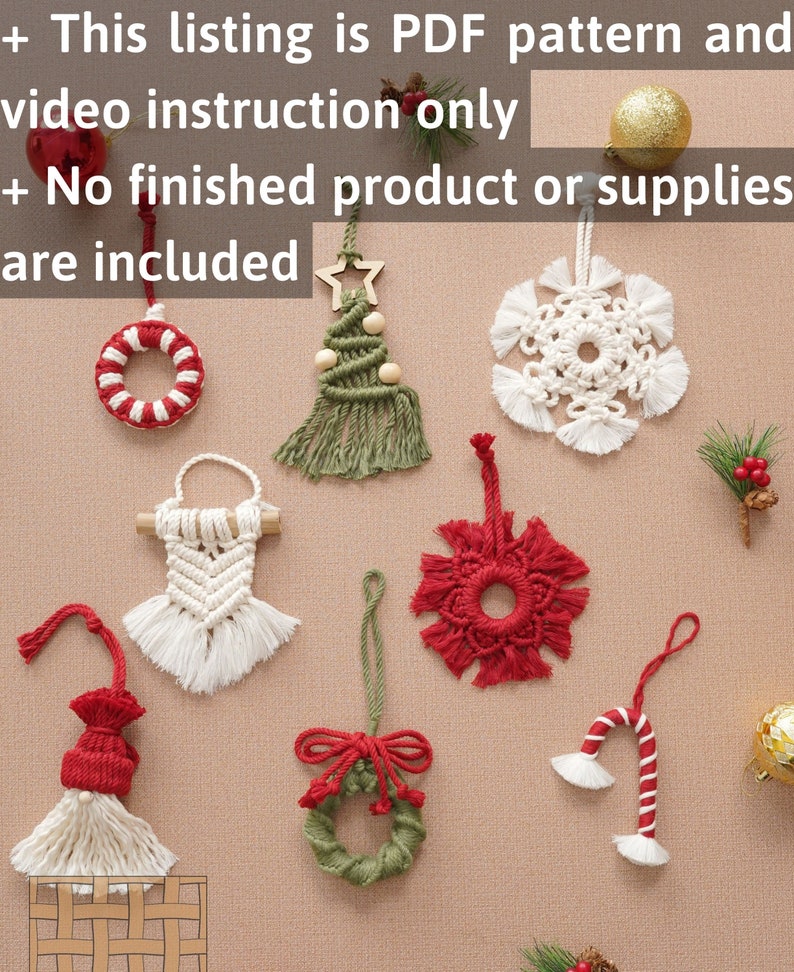 May include: A collection of nine handmade Christmas ornaments made with macrame. The ornaments include a wreath, a snowflake, a candy cane, a tree, a gnome, and a star. The ornaments are all white, red, and green.