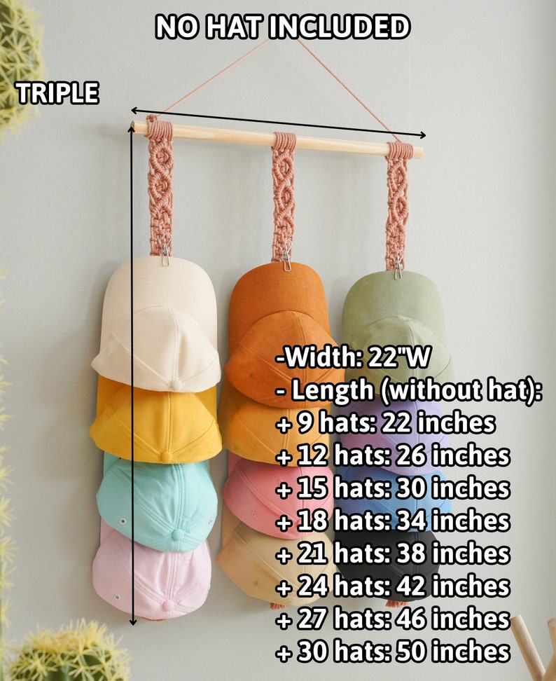 May include: A macrame hat rack with a wooden dowel and three hanging straps. The rack is designed to hold multiple hats, with a width of 22 inches. The length varies depending on the number of hats, ranging from 22 to 50 inches.