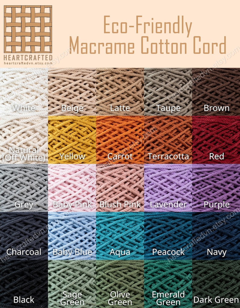 May include: A color chart of 18 different colors of macrame cotton cord. The colors are arranged in three rows of six colors each. The colors are: white, beige, latte, taupe, brown, natural (off white), yellow, carrot, terracotta, red, grey, baby pink, blush pink, lavender, purple, charcoal, baby blue, aqua, peacock, navy, black, sage green, olive green, emerald green, and dark green.